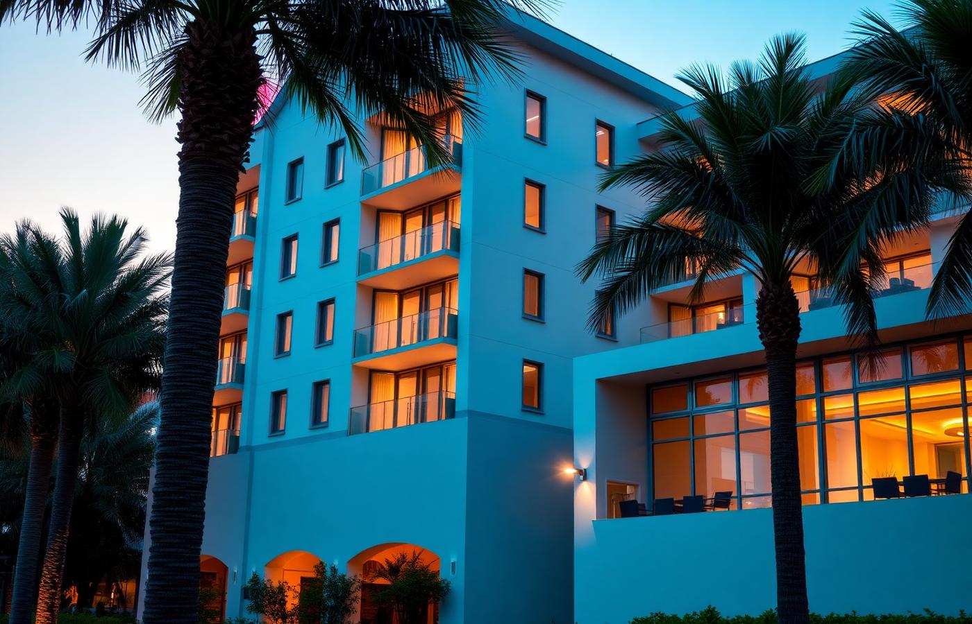 Modern hotel exterior lit at dusk